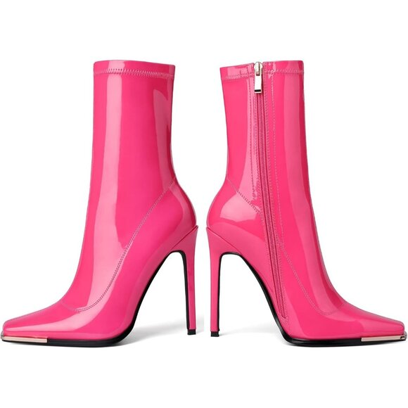 Women's Pink Mid Calf Comfy Square Closed Toe Heel Zipper Short Ankle Boots - Picture 5 of 8